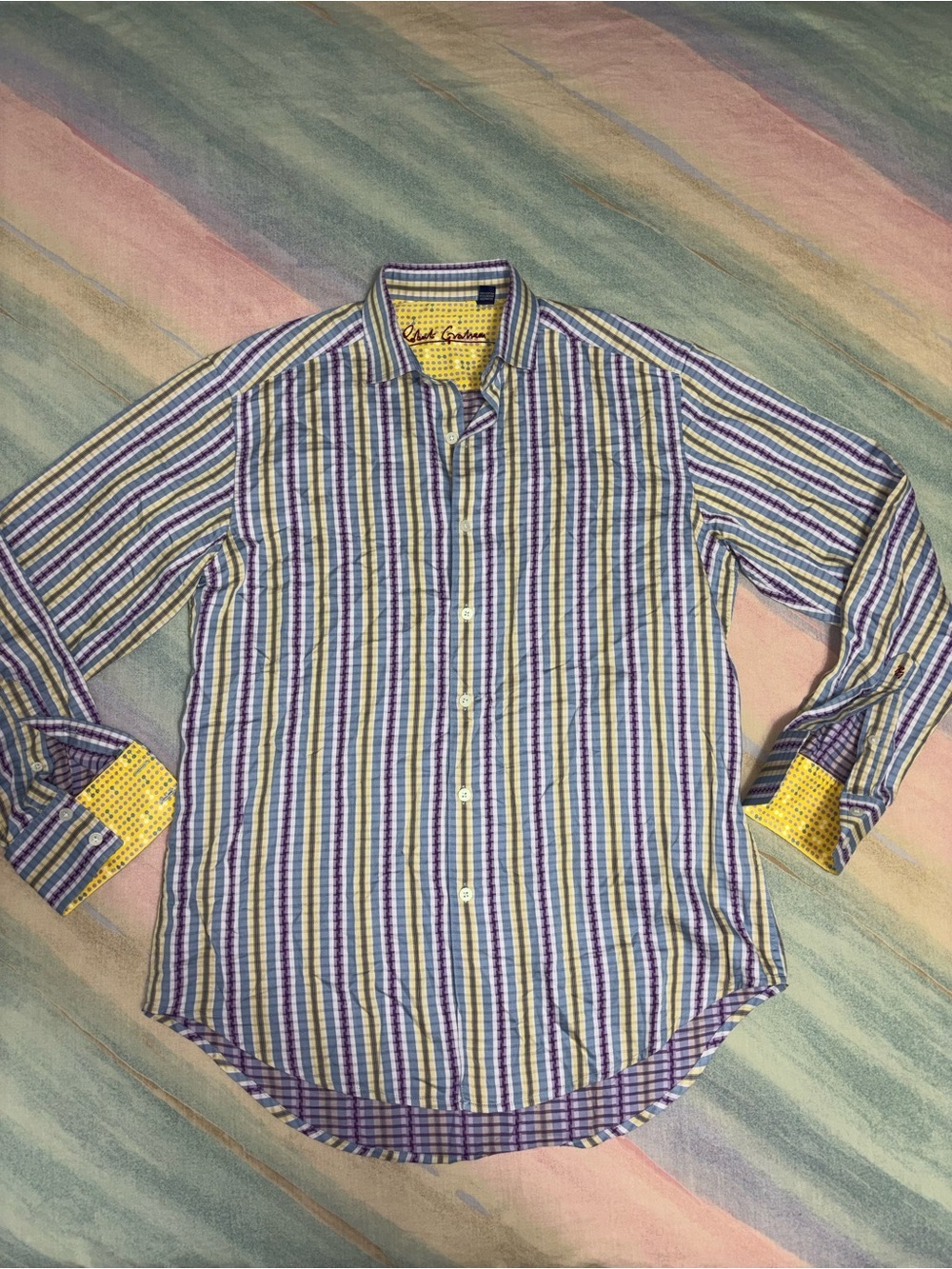 Robert Graham Men's Stripe Long Sleeve Button Down Shirt Size M Purple Yellow